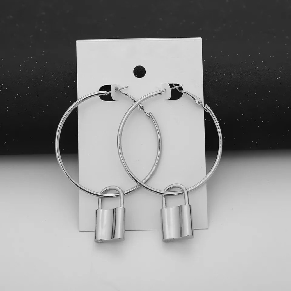 silver pad lock pendant dangle hoop earrings